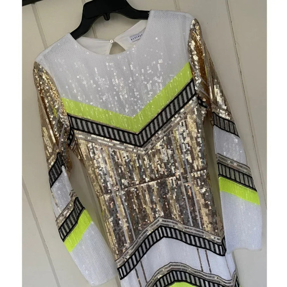 NWT, Endless Rose, Sequin Long Sleeve Mini Dress, Lime Multi, Gold, White Yellow - Picture 3 of 15